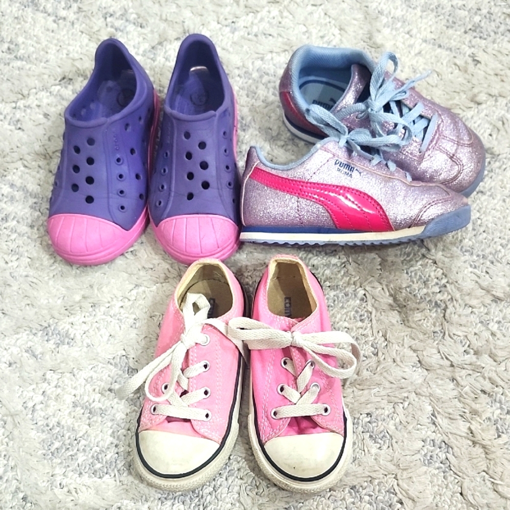 3 Pairs Shoes Lot Crocs Puma Converse All Star Pink Purple Sparkly Girls Size 9